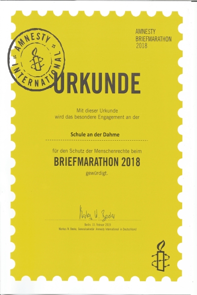 Amnesty Briefmarathon Urkunde 2018