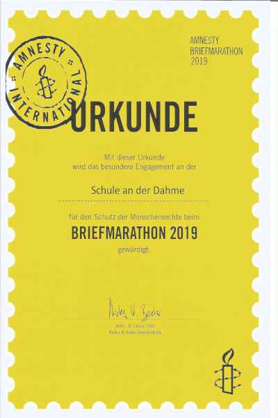 Amnesty Briefmarathon Urkunde 2019