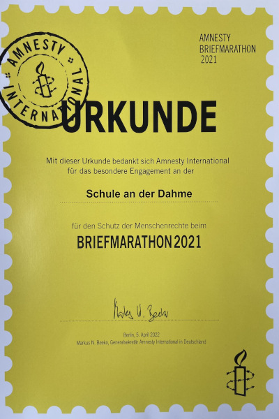 Amnesty Briefmarathon Urkunde 2021
